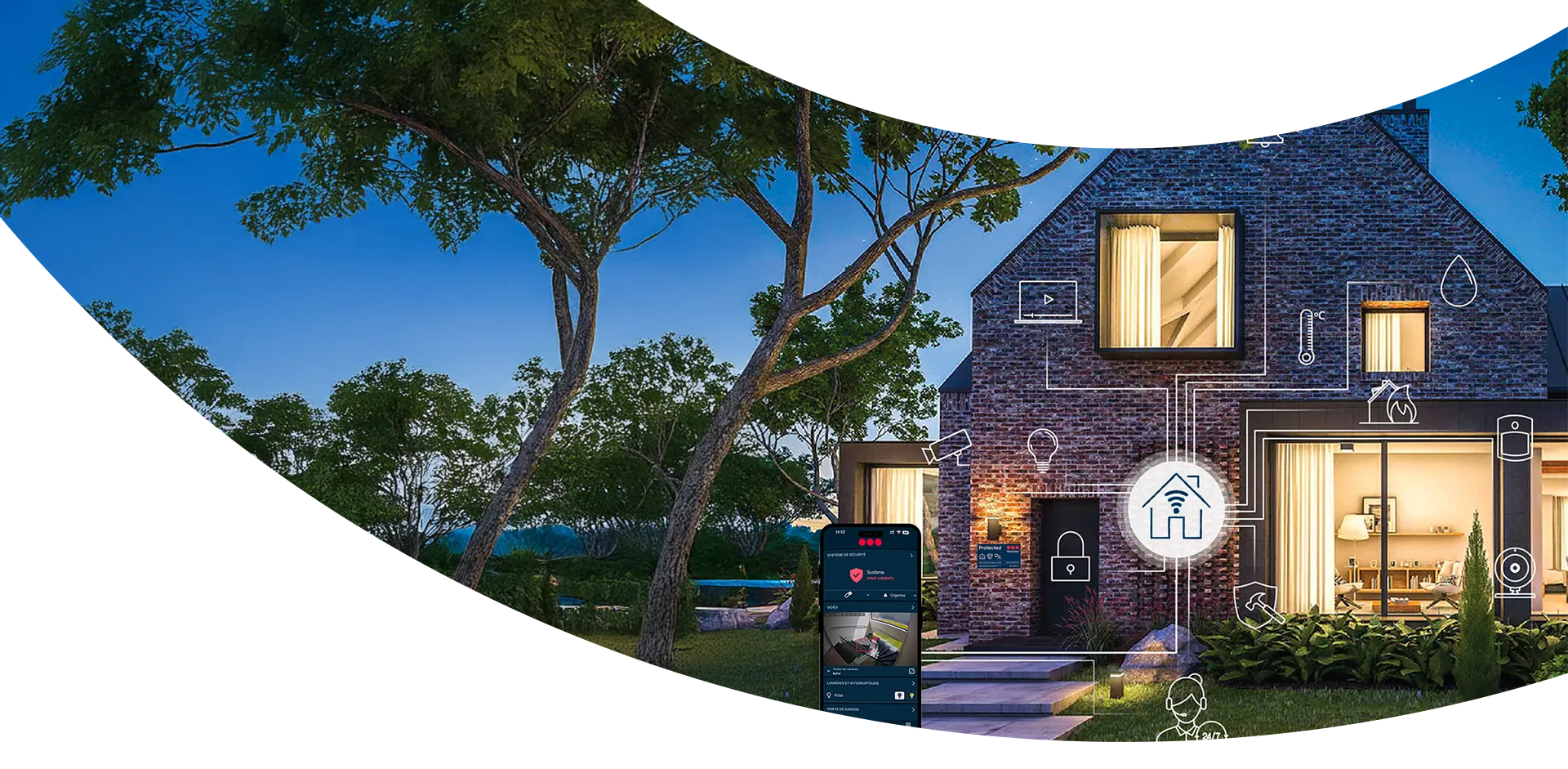 Maison connectée avec un téléphone au premier plan montrant l'application Securitas